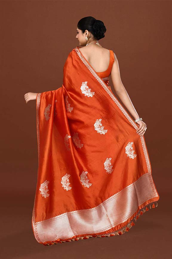 Pure handloom katan silk banarasi saree with real silver zari kadwa weaving-Orange