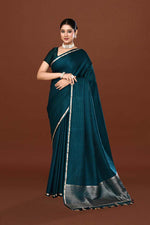 Pure handloom mashru silk self printed saree with narrow golden border, woven pallu and blouse-Peacock green
