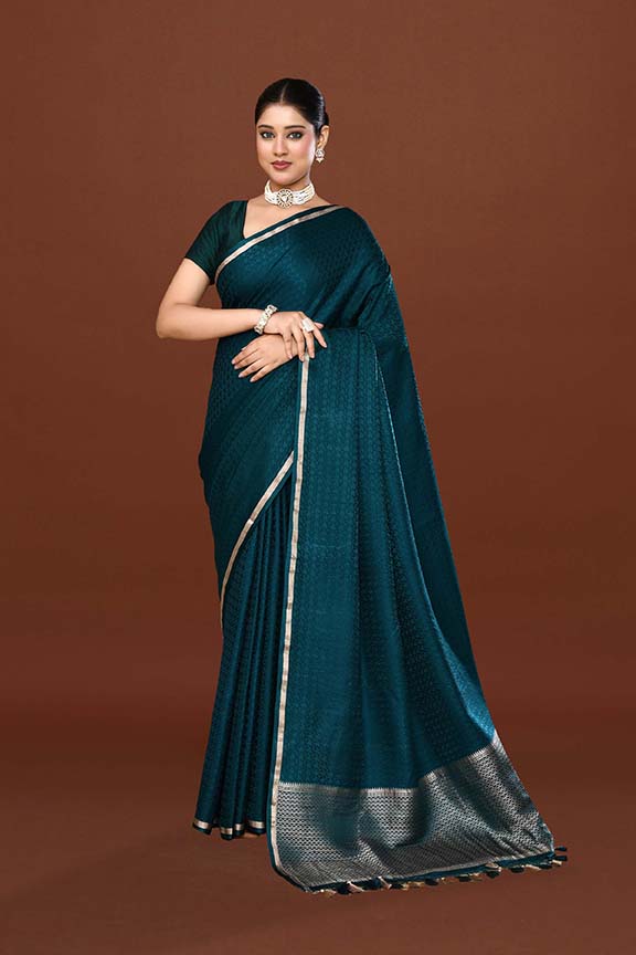 Pure handloom mashru silk self printed saree with narrow golden border, woven pallu and blouse-Peacock green