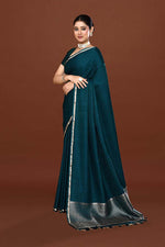 Pure handloom mashru silk self printed saree with narrow golden border, woven pallu and blouse-Peacock green