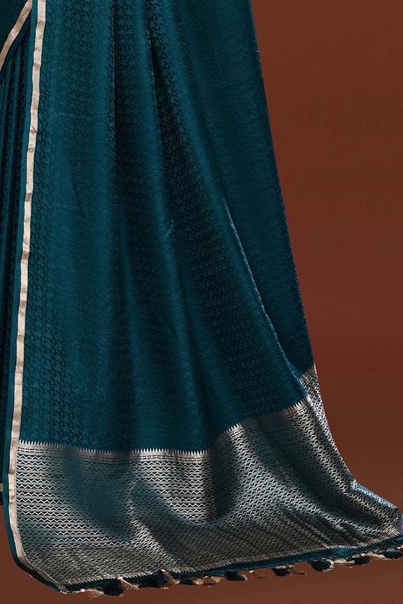 Pure handloom mashru silk self printed saree with narrow golden border, woven pallu and blouse-Peacock green