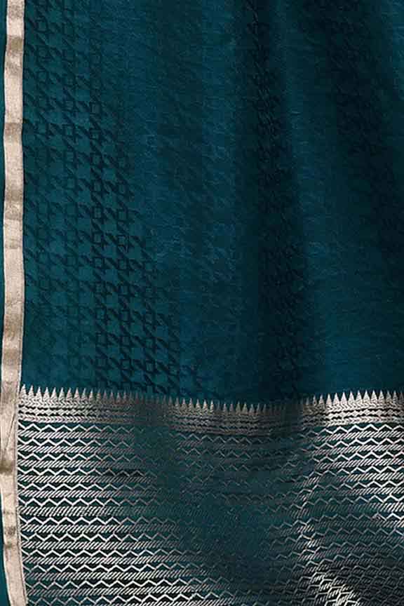 Pure handloom mashru silk self printed saree with narrow golden border, woven pallu and blouse-Peacock green