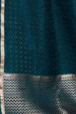 Pure handloom mashru silk self printed saree with narrow golden border, woven pallu and blouse-Peacock green