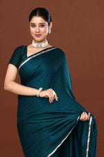 Pure handloom mashru silk self printed saree with narrow golden border, woven pallu and blouse-Peacock green