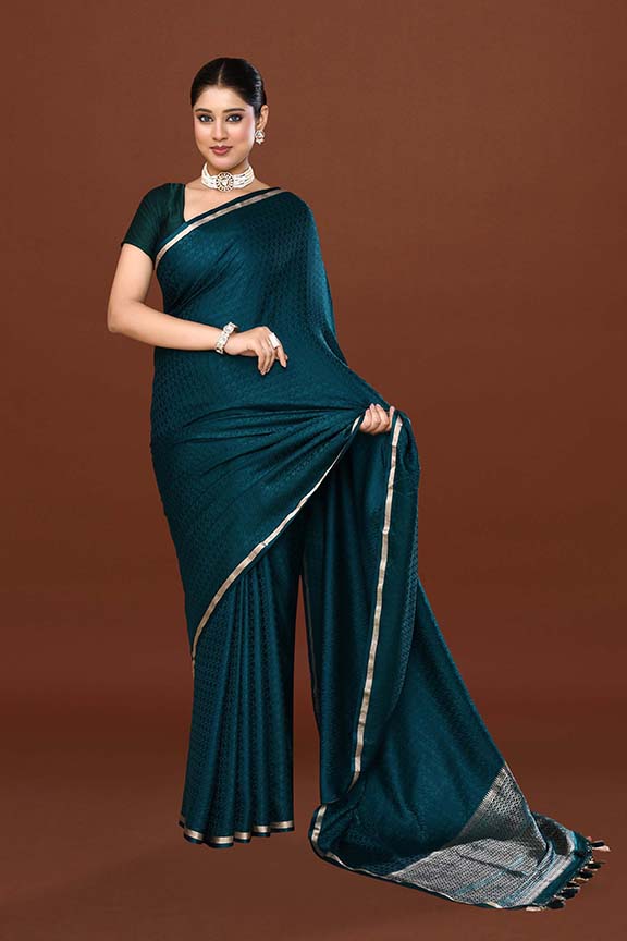 Pure handloom mashru silk self printed saree with narrow golden border, woven pallu and blouse-Peacock green