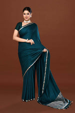 Pure handloom mashru silk self printed saree with narrow golden border, woven pallu and blouse-Peacock green
