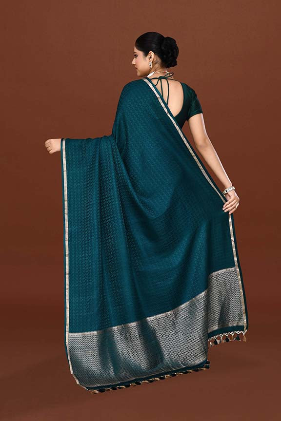 Pure handloom mashru silk self printed saree with narrow golden border, woven pallu and blouse-Peacock green