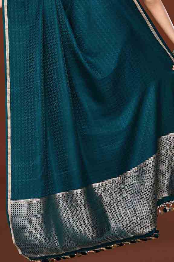 Pure handloom mashru silk self printed saree with narrow golden border, woven pallu and blouse-Peacock green