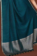 Pure handloom mashru silk self printed saree with narrow golden border, woven pallu and blouse-Peacock green