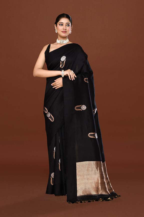 Pure handloom munga silk saree with banarasi floral pattern kadwa weaving in silver & gold zari with satin border-Black