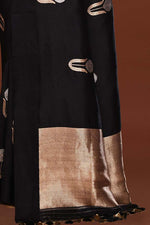 Pure handloom munga silk saree with banarasi floral pattern kadwa weaving in silver & gold zari with satin border-Black