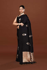 Pure handloom munga silk saree with banarasi floral pattern kadwa weaving in silver & gold zari with satin border-Black