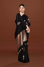 Pure handloom munga silk saree with banarasi floral pattern kadwa weaving in silver & gold zari with satin border-Black