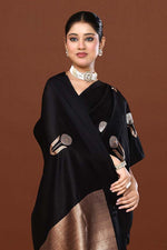 Pure handloom munga silk saree with banarasi floral pattern kadwa weaving in silver & gold zari with satin border-Black