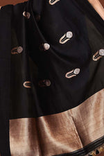 Pure handloom munga silk saree with banarasi floral pattern kadwa weaving in silver & gold zari with satin border-Black