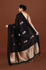 Pure handloom munga silk saree with banarasi floral pattern kadwa weaving in silver & gold zari with satin border-Black