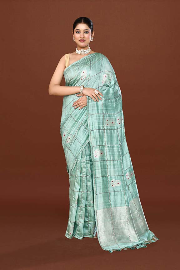 Pure tussar silk saree with checks pattern and meenakari kadwa work-Mint