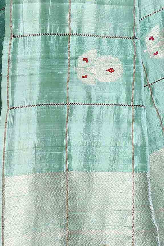 Pure tussar silk saree with checks pattern and meenakari kadwa work-Mint