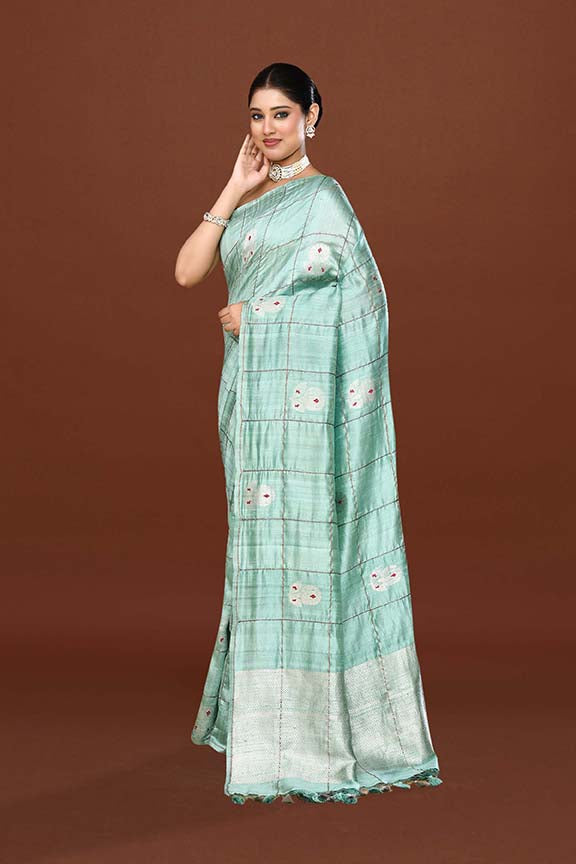 Pure tussar silk saree with checks pattern and meenakari kadwa work-Mint