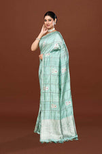 Pure tussar silk saree with checks pattern and meenakari kadwa work-Mint