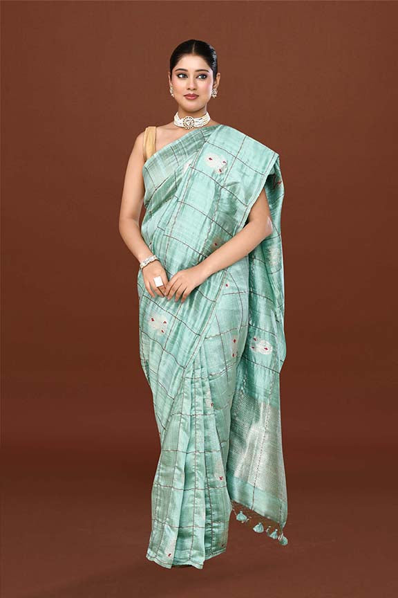 Pure tussar silk saree with checks pattern and meenakari kadwa work-Mint