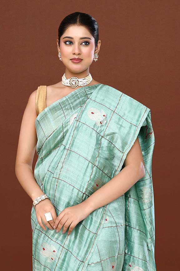 Pure tussar silk saree with checks pattern and meenakari kadwa work-Mint