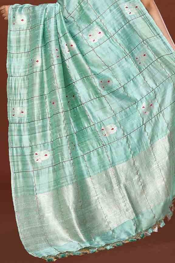 Pure tussar silk saree with checks pattern and meenakari kadwa work-Mint