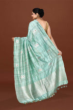 Pure tussar silk saree with checks pattern and meenakari kadwa work-Mint