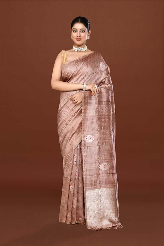 Pure tussar silk saree with checks pattern and meenakari kadwa work-Mauve