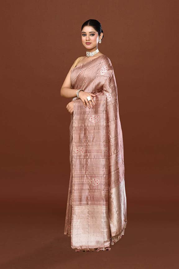 Pure tussar silk saree with checks pattern and meenakari kadwa work-Mauve