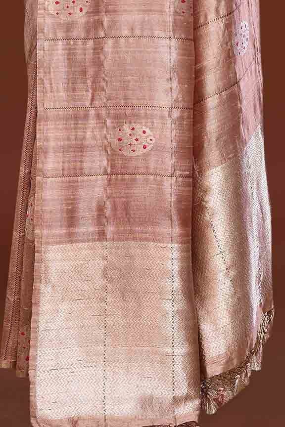 Pure tussar silk saree with checks pattern and meenakari kadwa work-Mauve