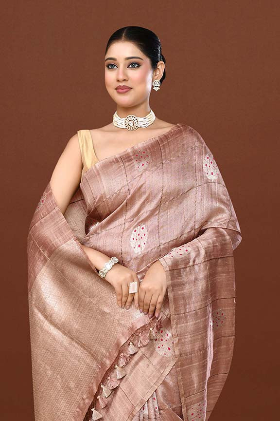 Pure tussar silk saree with checks pattern and meenakari kadwa work-Mauve