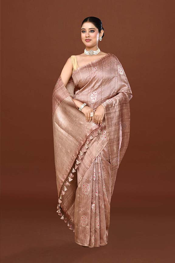 Pure tussar silk saree with checks pattern and meenakari kadwa work-Mauve