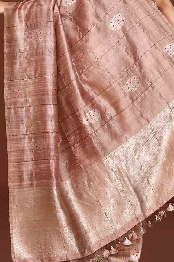 Pure tussar silk saree with checks pattern and meenakari kadwa work-Mauve