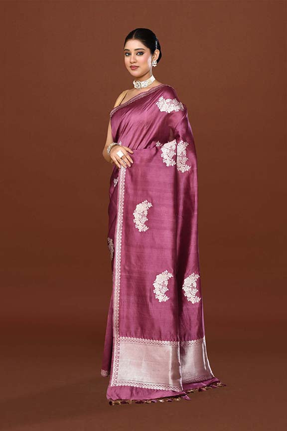 Pure handloom katan silk banarasi saree with real silver zari kadwa weaving-Mauve