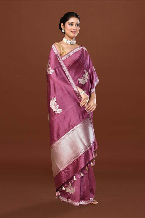 Pure handloom katan silk banarasi saree with real silver zari kadwa weaving-Mauve