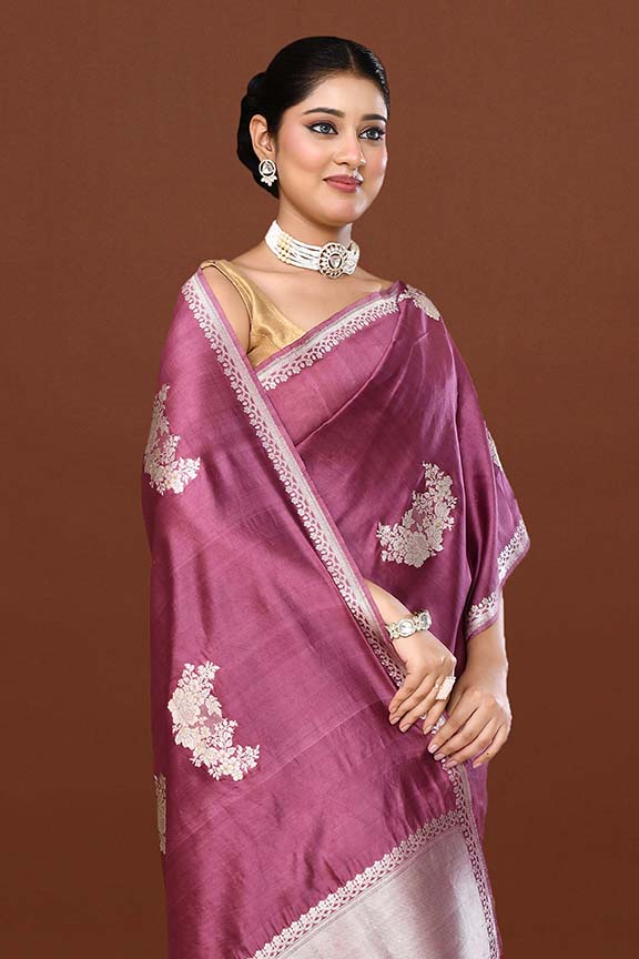 Pure handloom katan silk banarasi saree with real silver zari kadwa weaving-Mauve