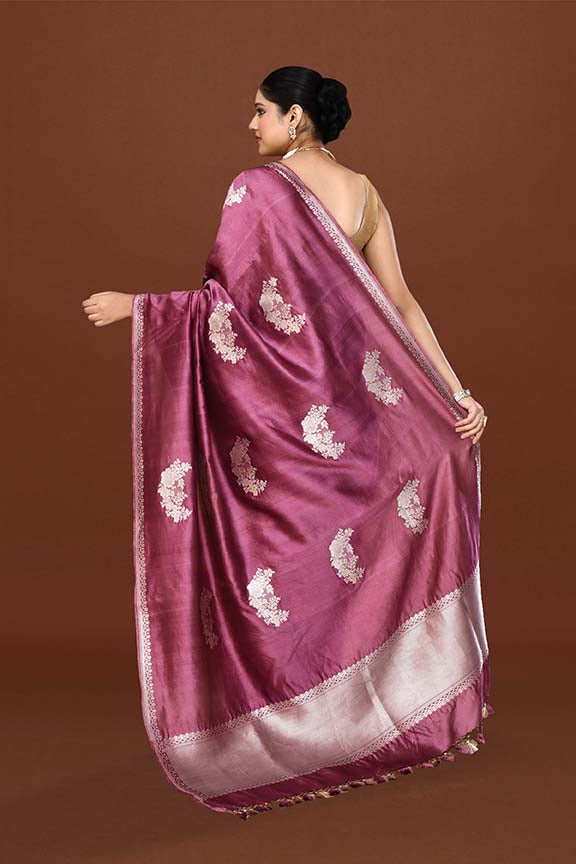 Pure handloom katan silk banarasi saree with real silver zari kadwa weaving-Mauve