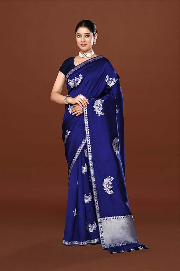 Pure handloom katan silk banarasi saree with real silver zari kadwa weaving-Electric blue
