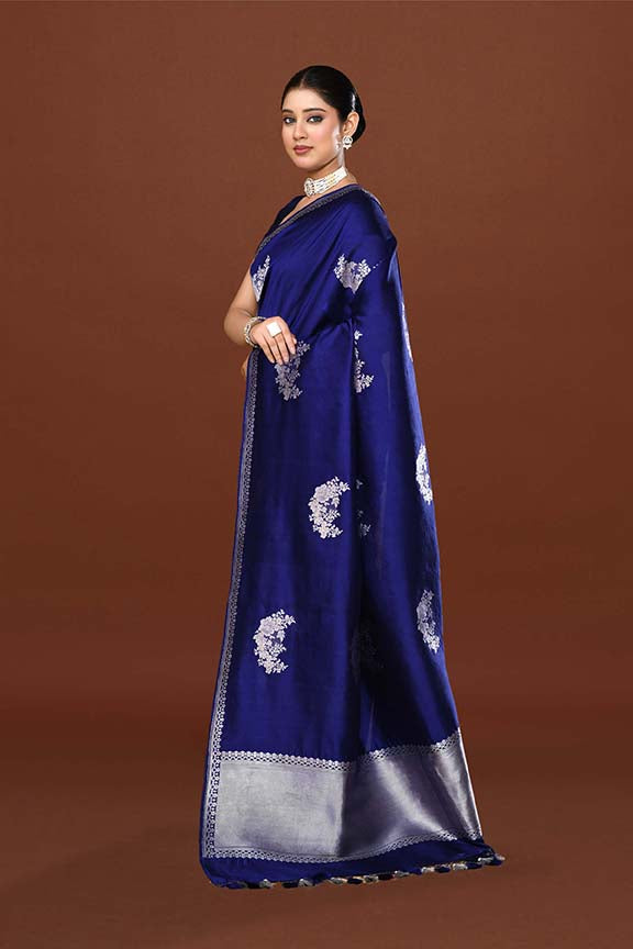 Pure handloom katan silk banarasi saree with real silver zari kadwa weaving-Electric blue