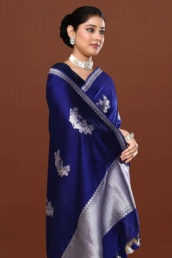 Pure handloom katan silk banarasi saree with real silver zari kadwa weaving-Electric blue