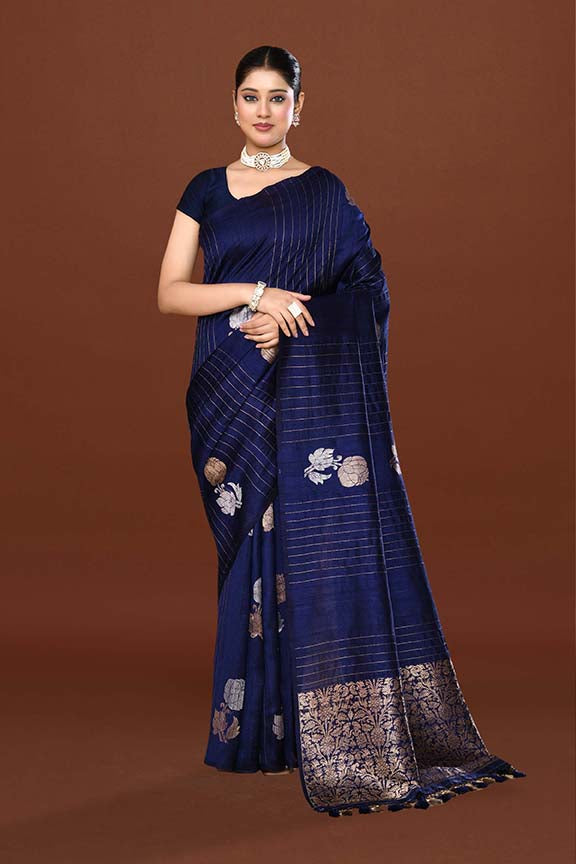Pure handloom munga silk saree with banarasi floral pattern kadwa weaving in silver & gold zari with satin border-Violet