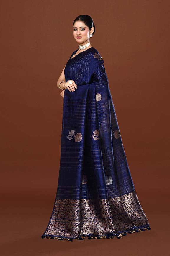 Pure handloom munga silk saree with banarasi floral pattern kadwa weaving in silver & gold zari with satin border-Violet