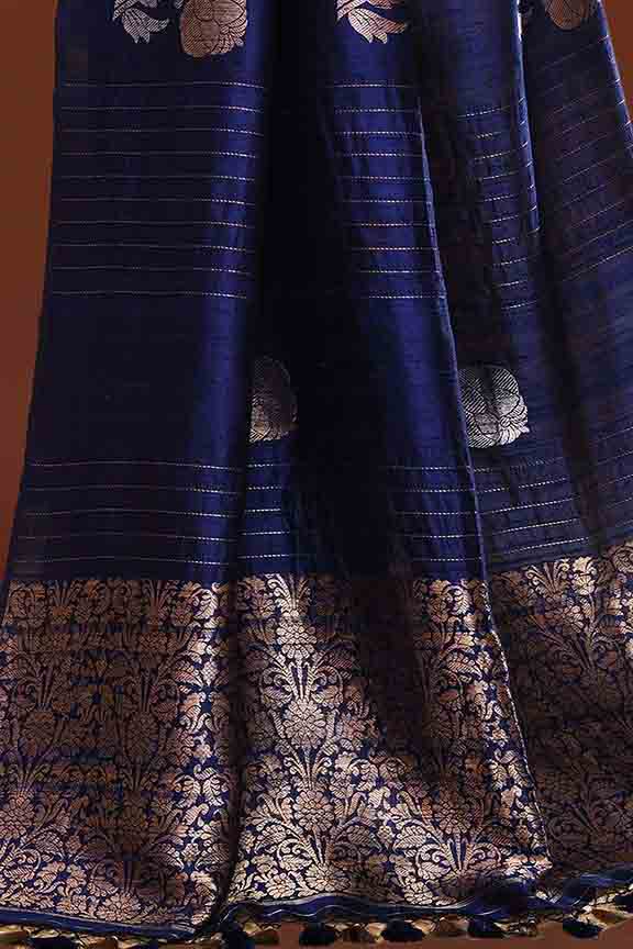 Pure handloom munga silk saree with banarasi floral pattern kadwa weaving in silver & gold zari with satin border-Violet