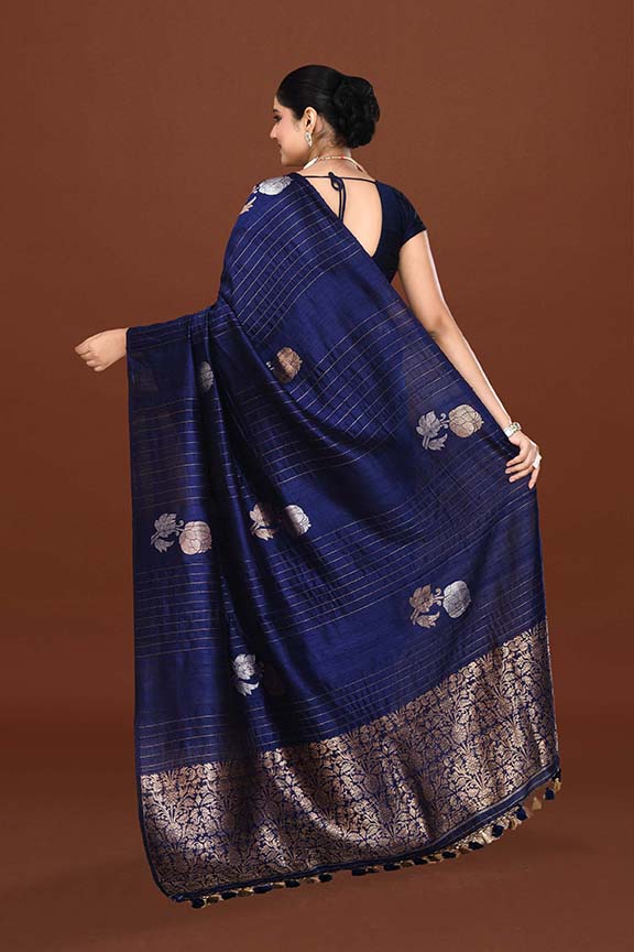 Pure handloom munga silk saree with banarasi floral pattern kadwa weaving in silver & gold zari with satin border-Violet