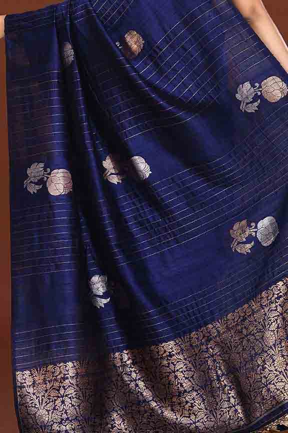 Pure handloom munga silk saree with banarasi floral pattern kadwa weaving in silver & gold zari with satin border-Violet