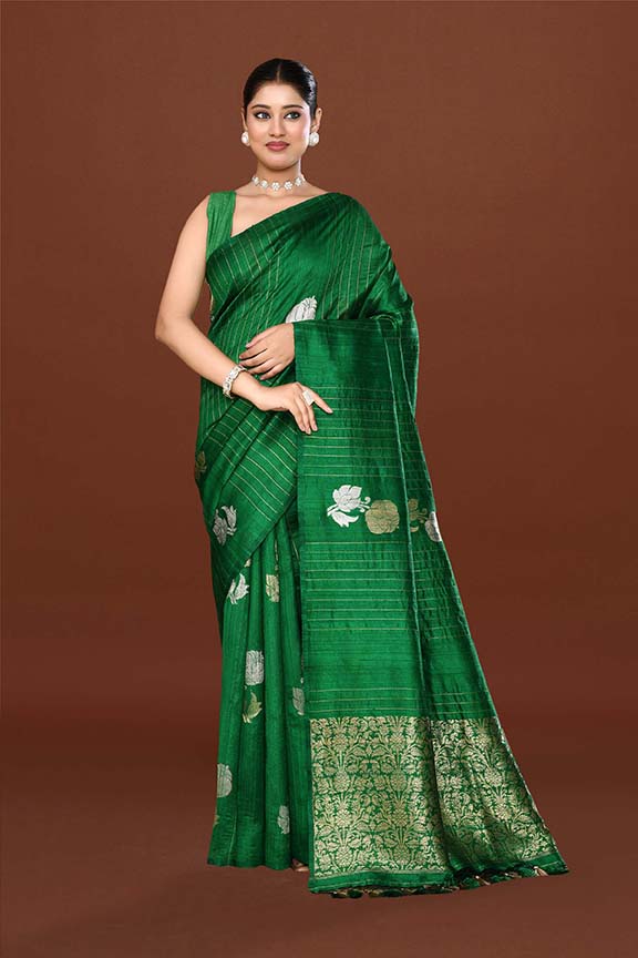 Pure handloom tussar silk saree with banarasi floral and stripes pattern kadwa weaving in gold zari-Emerald Green