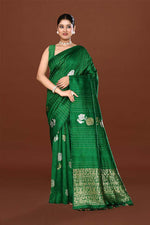Pure handloom tussar silk saree with banarasi floral and stripes pattern kadwa weaving in gold zari-Emerald Green
