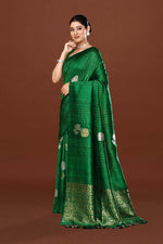 Pure handloom tussar silk saree with banarasi floral and stripes pattern kadwa weaving in gold zari-Emerald Green