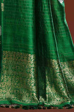Pure handloom tussar silk saree with banarasi floral and stripes pattern kadwa weaving in gold zari-Emerald Green